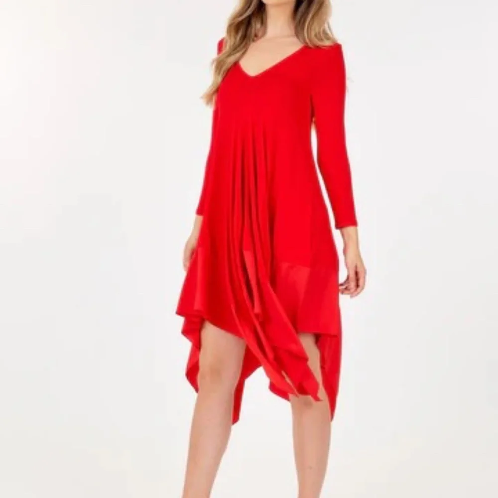 Long Sleeve V Neck Tunic Shark Bite Edging Dress Red - Picture 2 of 4